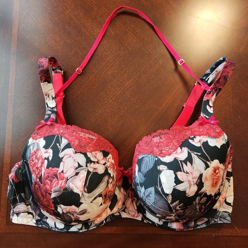Cacique Boost Balconette Bra Black and Red Floral Size 40DDD